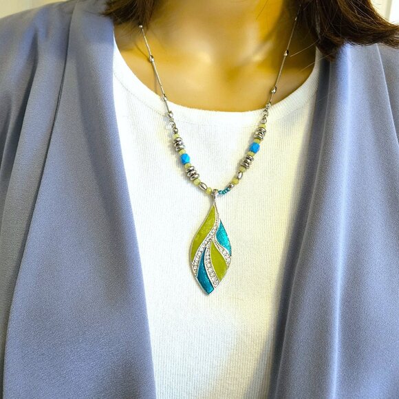 NECKLACE - green, blue and silver leaf pendant - Picture 4 of 5
